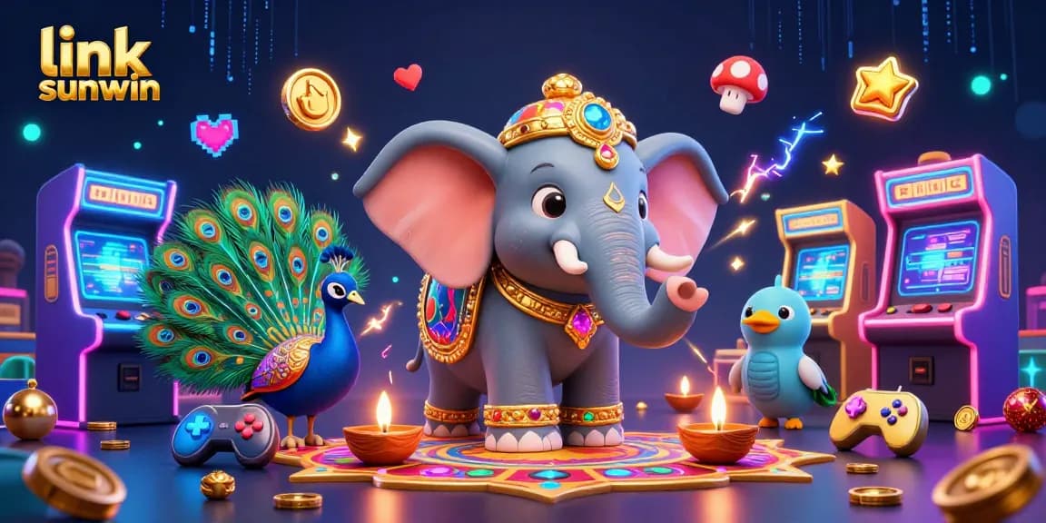 Play exciting games at link sunwin with a vibrant 3D casino illustration featuring a decorated elephant and peacock.