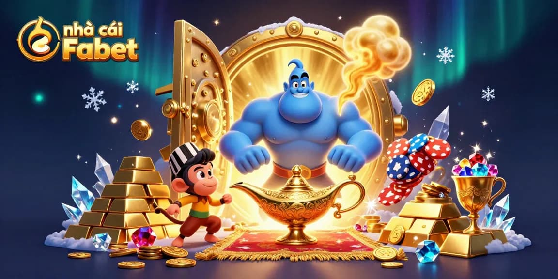 Experience the magic of nhà cái Fabet with a blue genie and poker-filled carpet in an enchanting casino scene.