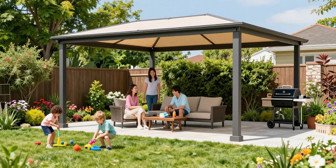 Freistehende Terrassenüberdachung im Garten mit Familie, die einen sonnigen Tag genießt.