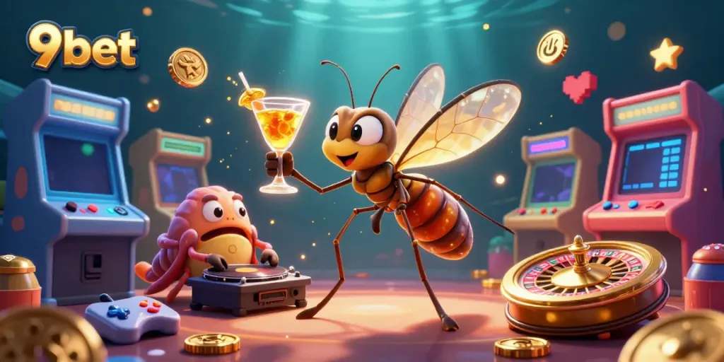 Experience thrilling games with 9bet's vibrant casino-themed illustration.