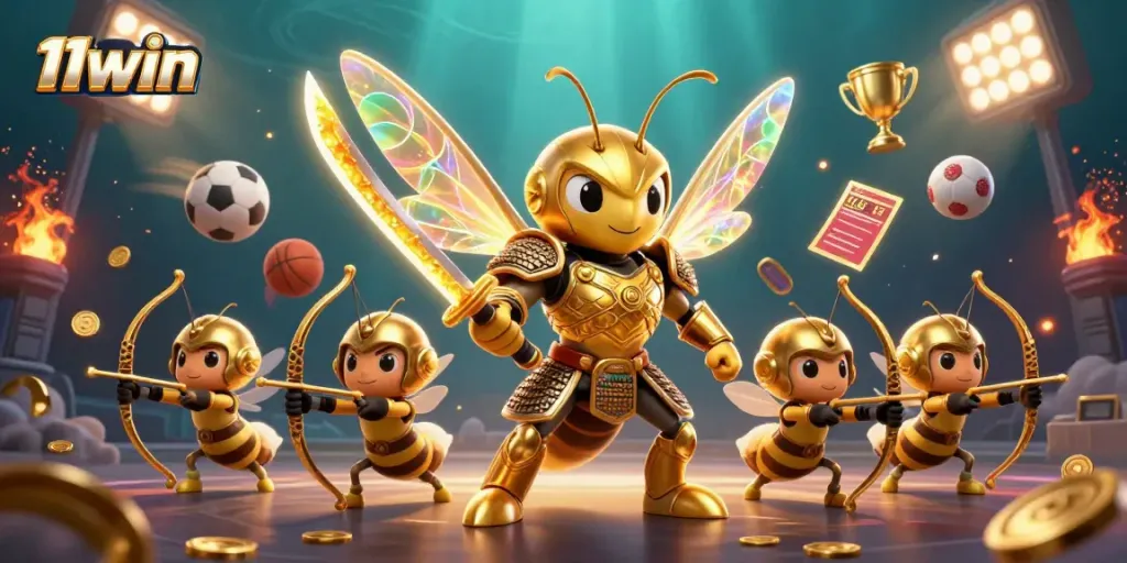 Experience thrilling wins at 11win with giant samurai hornets and dynamic games in this vibrant 3D illustration.