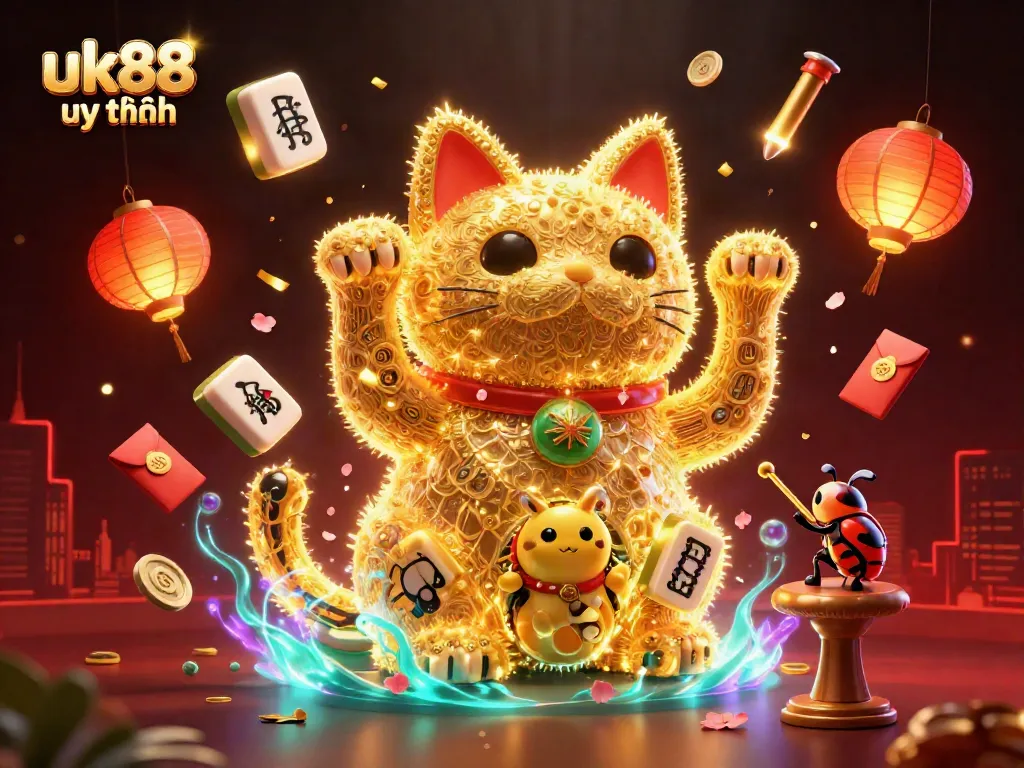 Experience the excitement of uk88 uy tín with vibrant casino-themed visuals showcasing golden fireflies and lucky symbols.