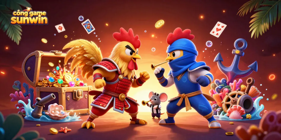 Engage with cổng game sunwin as fighting roosters clash amidst shimmering treasures and casino elements.