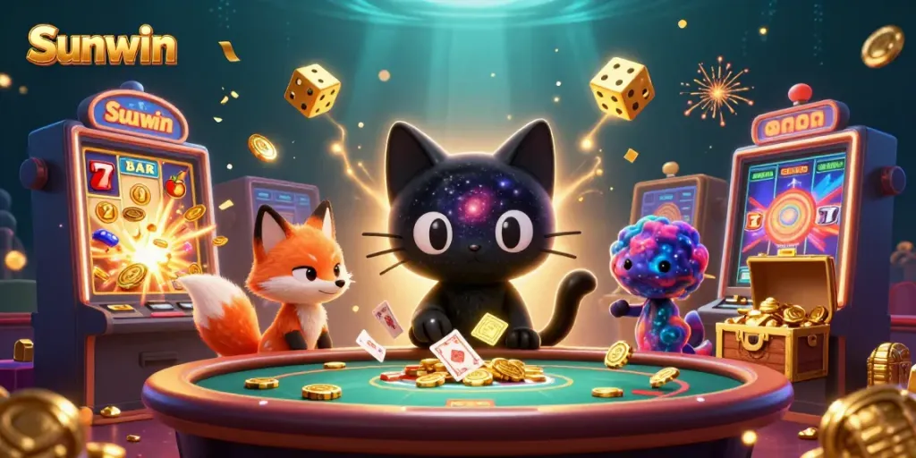Experience thrilling gameplay at Sunwin with a cosmic casino scene, featuring a black hole cat and a nebula fox.
