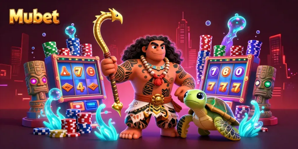 Mubet brings excitement with a vivid 3D scene featuring a demigod hawk and slot machines.