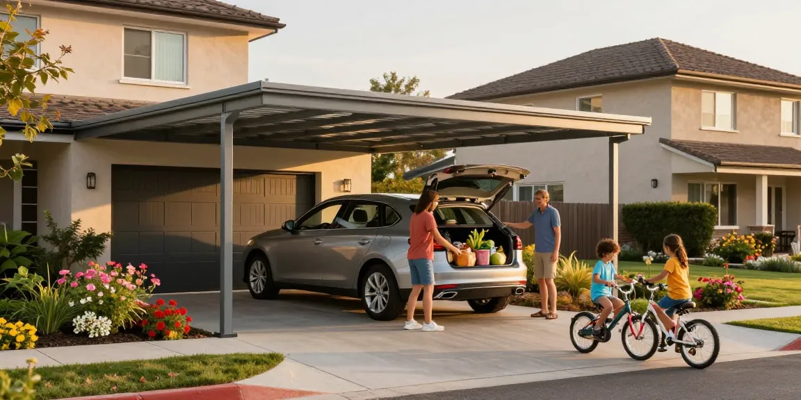 Moderne Carport-Konstruktion in Wohnviertel mit Familie, die Einkäufe aus dem Auto auslädt.