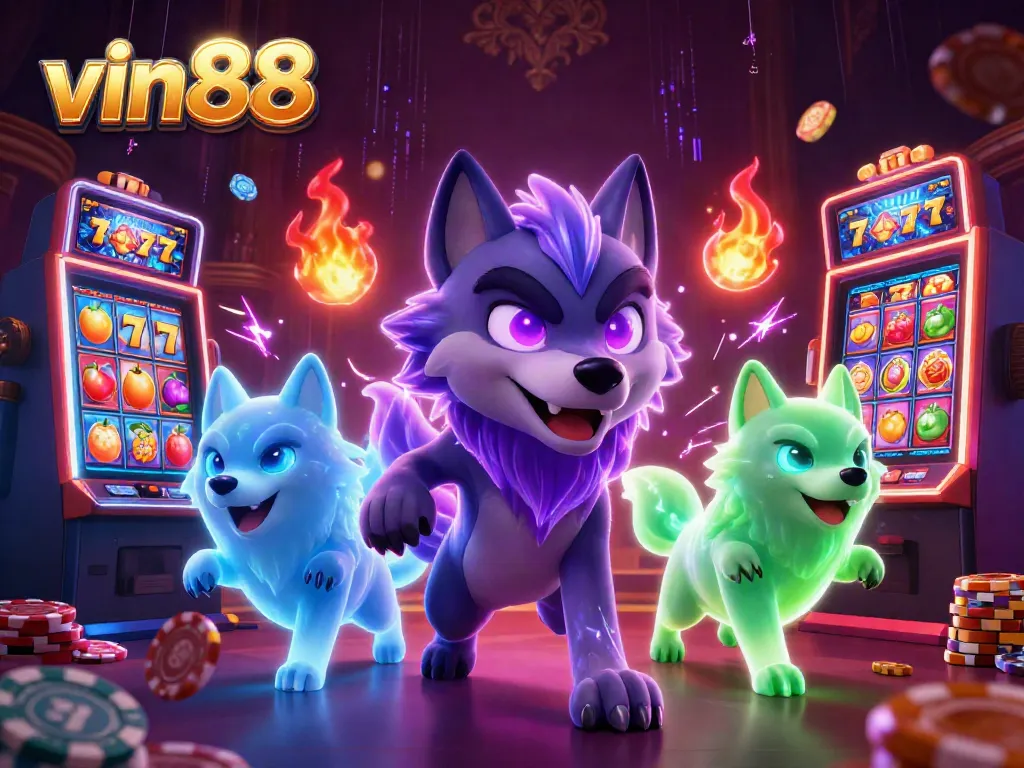 Experience thrilling wins at vin88 with a captivating 3D casino illustration featuring wolves and vibrant slots.