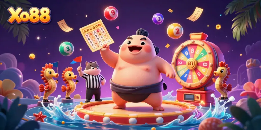 Xo88 brings excitement with a sumo blowfish and catfish referee in a colorful lottery scene.