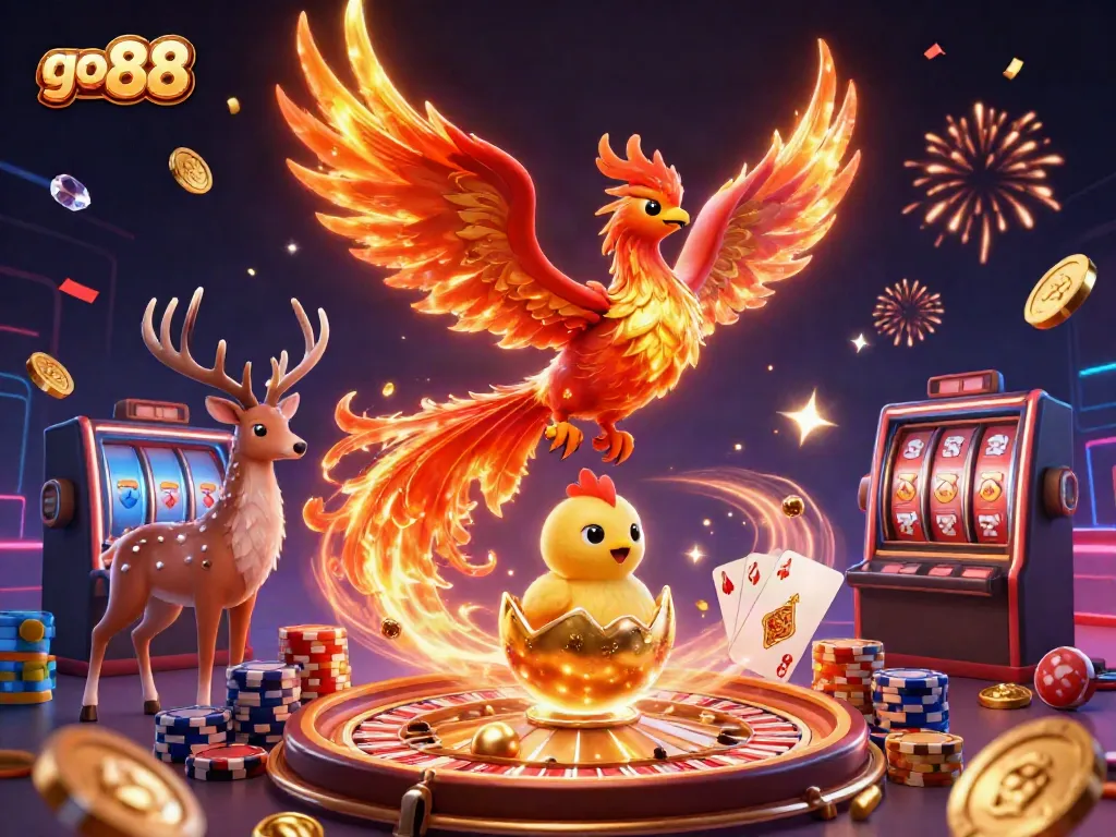 Experience winning thrills with go 88 as golden coins cascade down in this vibrant 3D casino scene.