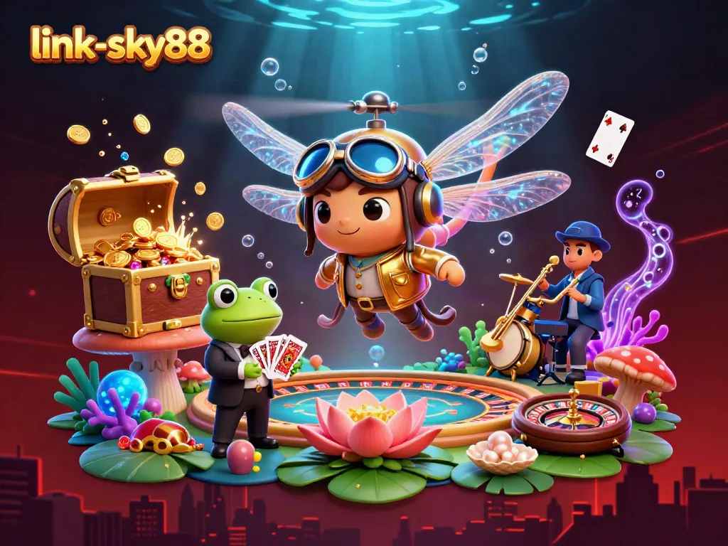 Experience excitement with link-sky88 in this vibrant casino-themed illustration.