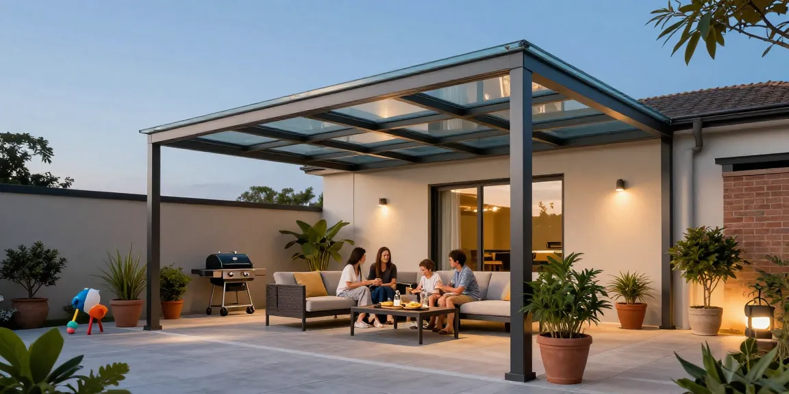Familie genießt Zeit unter einer Terrassenüberdachung mit modernen Möbeln und Pflanzen im Freien.