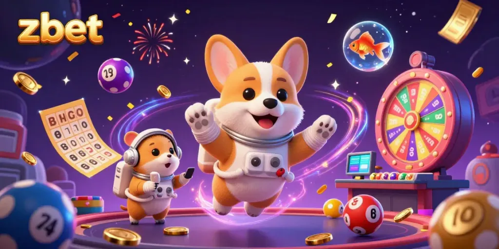 Engaging ZBET illustration featuring a floating corgi astronaut in a vibrant casino filled with joyful elements.
