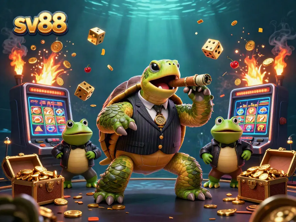 Experience sv88's vibrant casino scene with a snapping turtle mobster and lucky symbols bursting with energy.