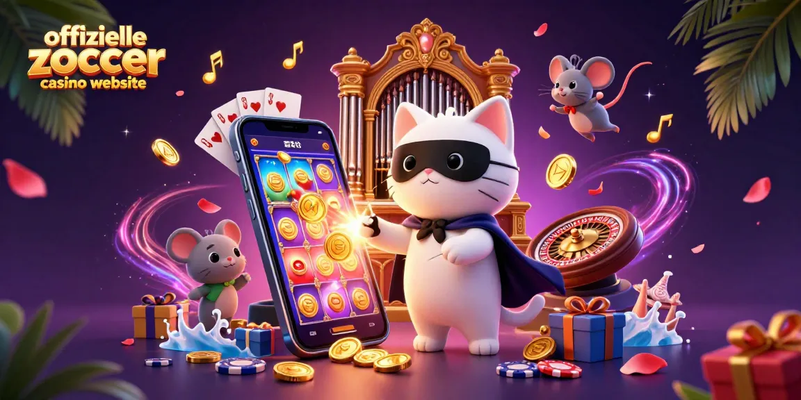 Das Bild zeigt die offizielle Zoccer Casino Website mit einem 3D-Phantom in einem Casino, das Slots und Goldmünzen präsentiert.