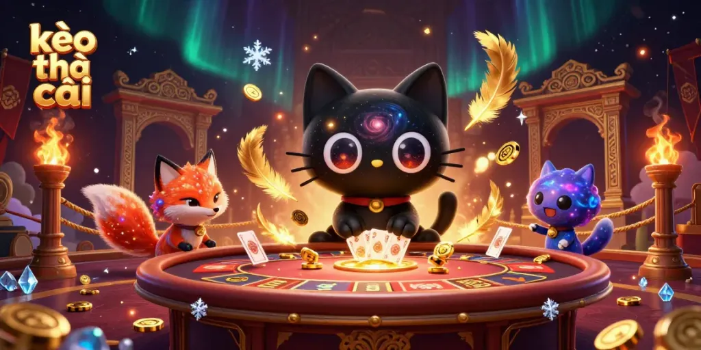 Engaging scene showcasing kèo nhà cái theme with a black hole cat and a colorful fox at a cosmic table surrounded by dynamic elements.