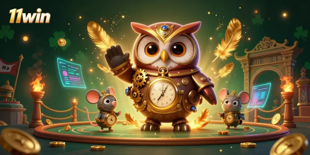 Immerse in 11win's vibrant casino scene featuring an owl in steampunk gear, surrounded by golden tokens and festive lights.