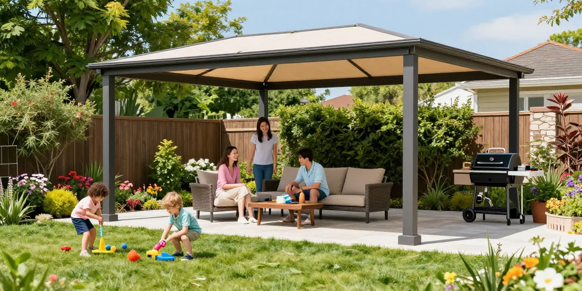 Freistehende Terrassenüberdachung im Garten mit Familie, die einen sonnigen Tag genießt.