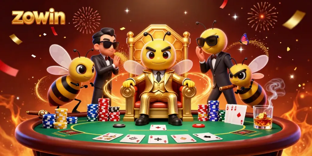 Zowin showcases a vibrant casino ambiance with a 3D cartoon bumblebee mob boss beside poker elements.