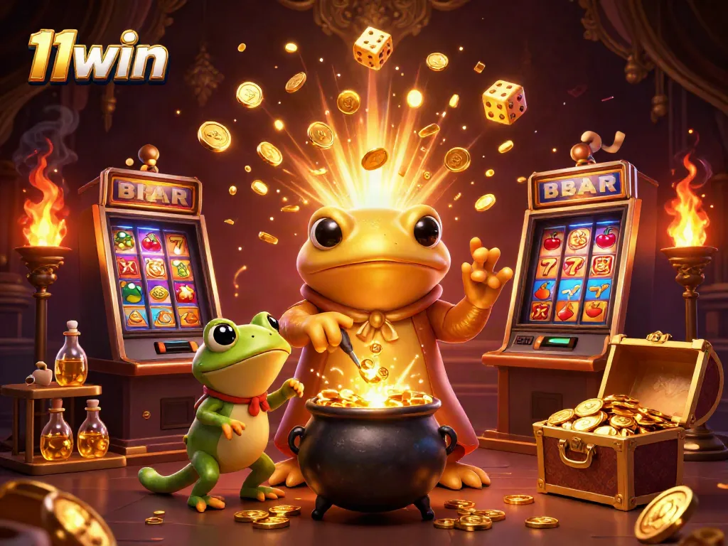 Engaging 11win casino scene with alchemist turning metals into gold and vibrant gaming elements.