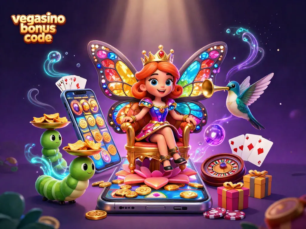 Spin to win with the vegasino bonus code in this vibrant casino-themed scene filled with excitement.