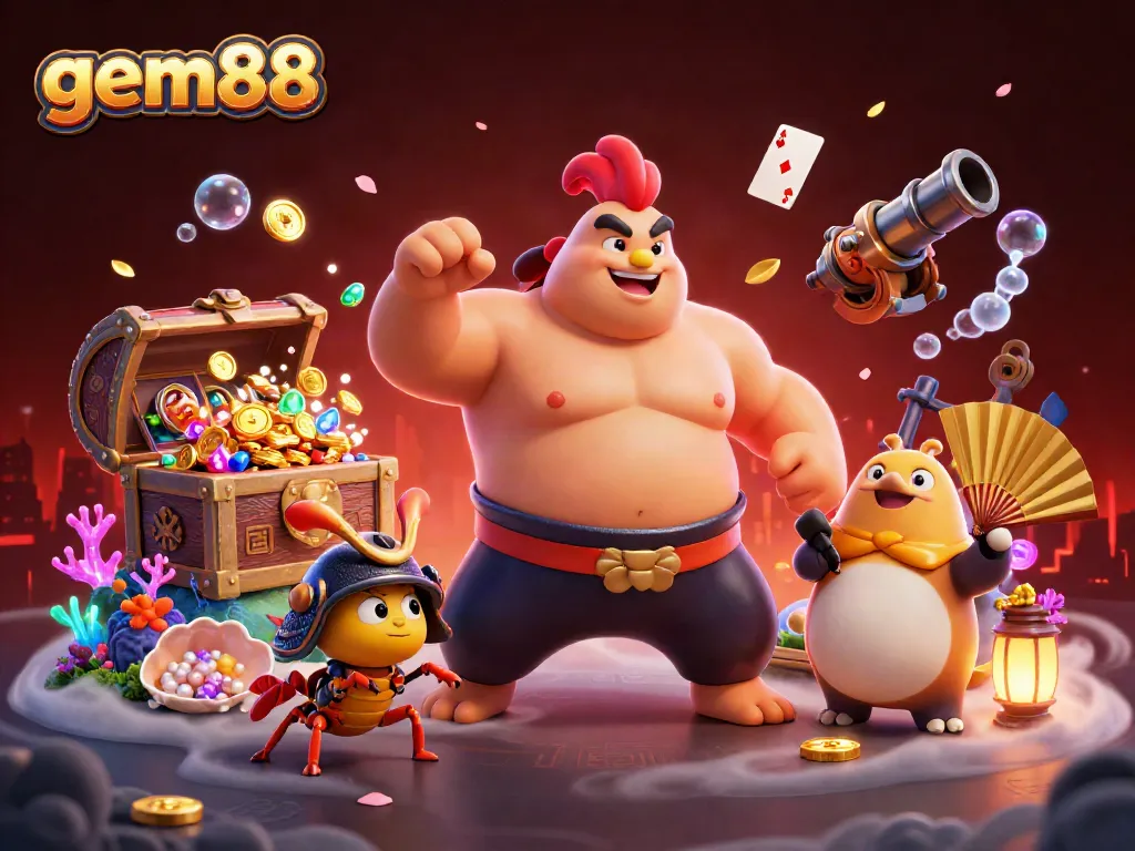 Experience the thrilling world of gem88 with a powerful sumo rooster, samurai cricket, and dynamic gameplay elements.