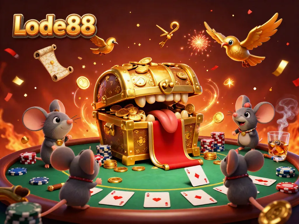Engage with Lode88's vibrant casino scene featuring treasure chests, poker elements, and energetic characters.