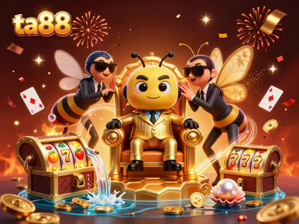 Enjoy vibrant ta88 gameplay with a cartoon casino scene featuring bumblebee boss and treasure.