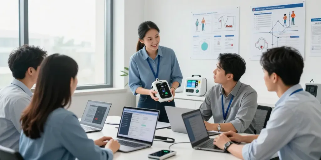 Fachleute besprechen den Einsatz von AED Defibrillatoren in einem modernen Büro.