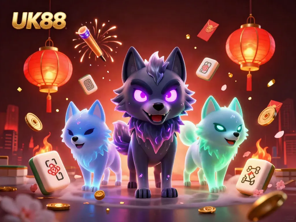 Experience the thrill of UK88 with a captivating 3D illustration of a mystical wolf pack leading a vibrant casino scene.