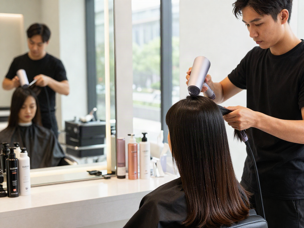 Profi Haartrockner Laifen Air Pro in modernem Salon mit Stylist und glänzendem Haar.