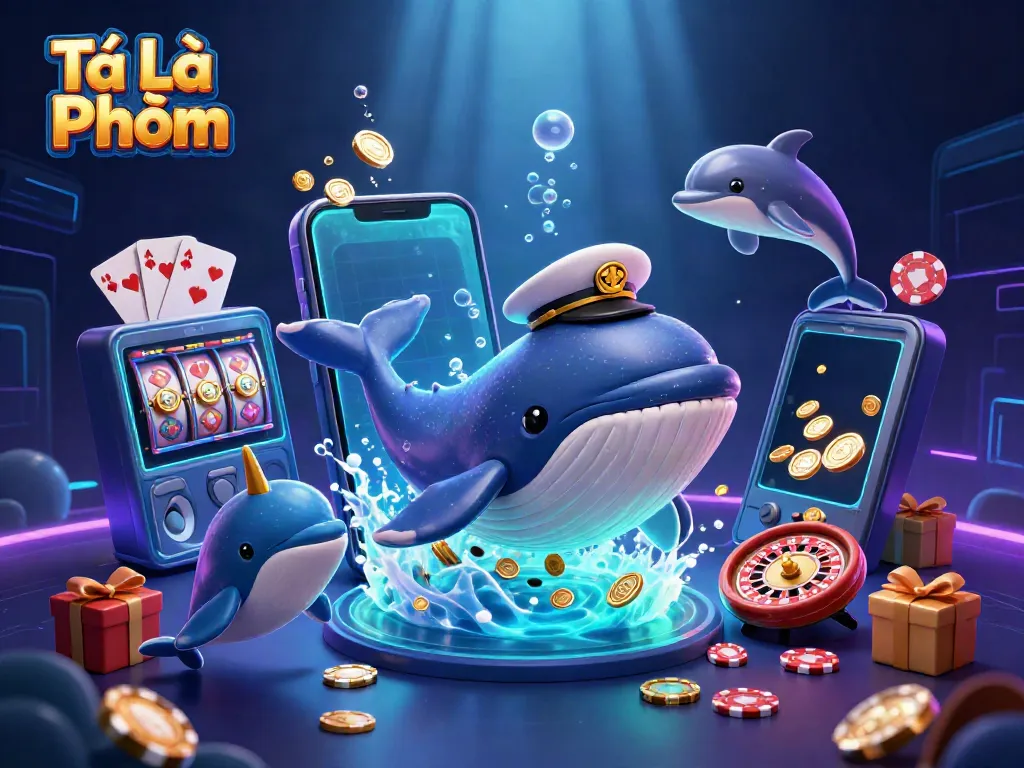 Win in Tá Lả Phỏm with cartoon whales and dolphins amidst casino-themed visuals.