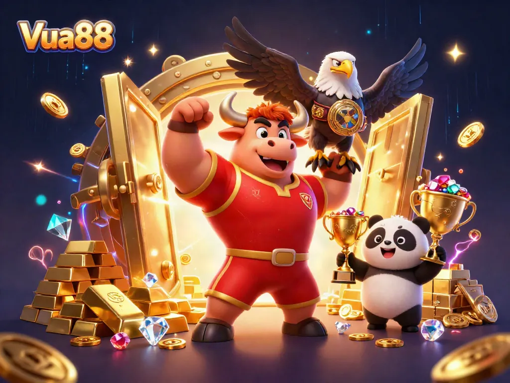 Experience gaming excitement at Vua88 with a dynamic scene featuring a bull, eagle, and panda celebrating victory amidst impressive winnings.
