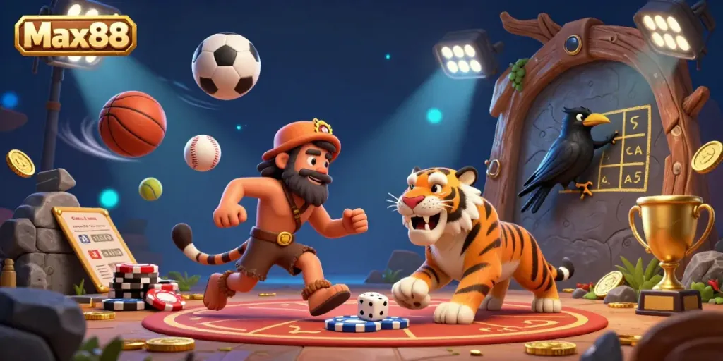 Engaging Max88 scene showing a mysterious prehistoric casino, featuring a caveman, saber-tooth tiger, and clever crow.