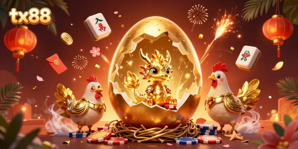 Experience the thrill of tx88 with a golden dragon on poker chips surrounded by festive casino elements.