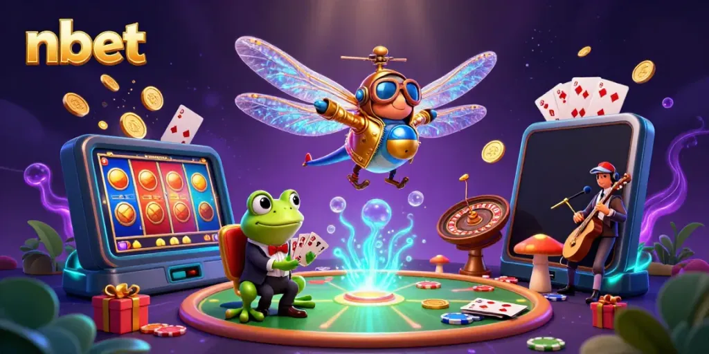 Engage in thrilling gaming with NBET's vibrant 3D casino illustration featuring diverse characters in action.