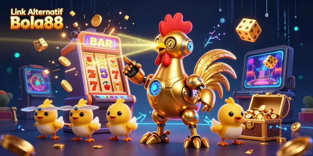 Experience Link Alternatif Bola88 with a vibrant 3D casino illustration showcasing dynamic characters and game elements.