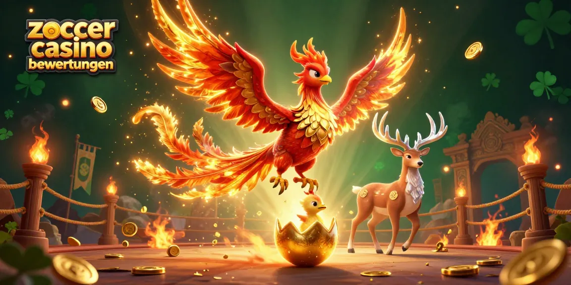 Zoccer casino bewertungen showcases thrilling gameplay with a vibrant 3D phoenix and casino elements.