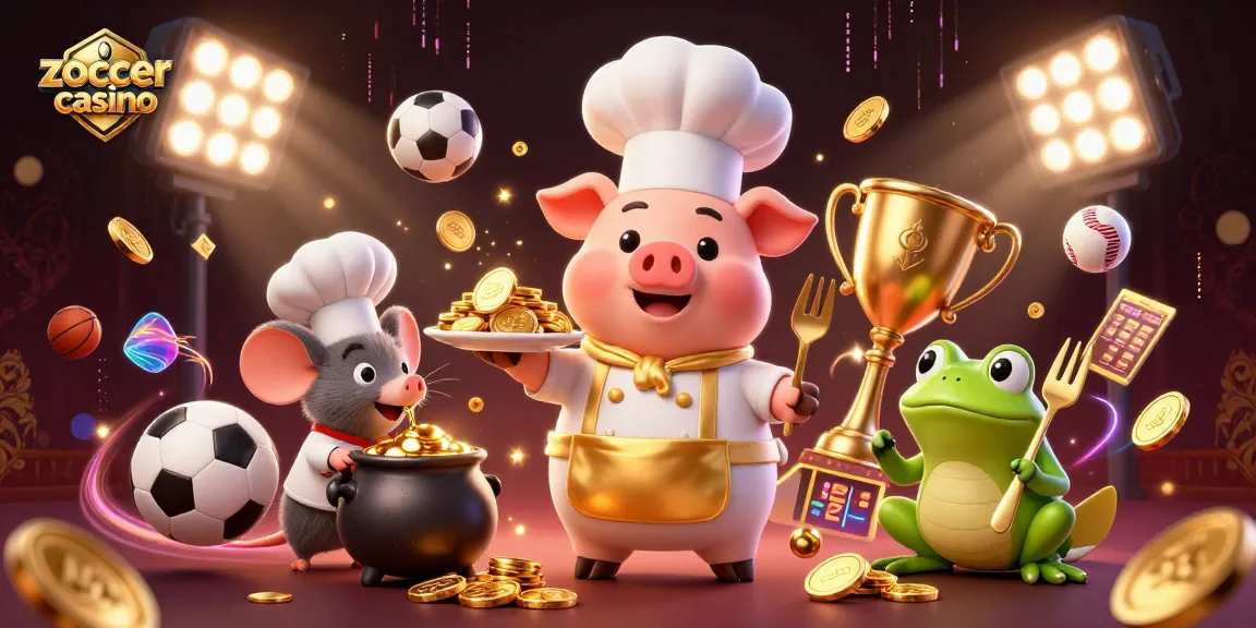 Experience winning excitement at zoccer casino with chefs and sports elements celebrating victory!